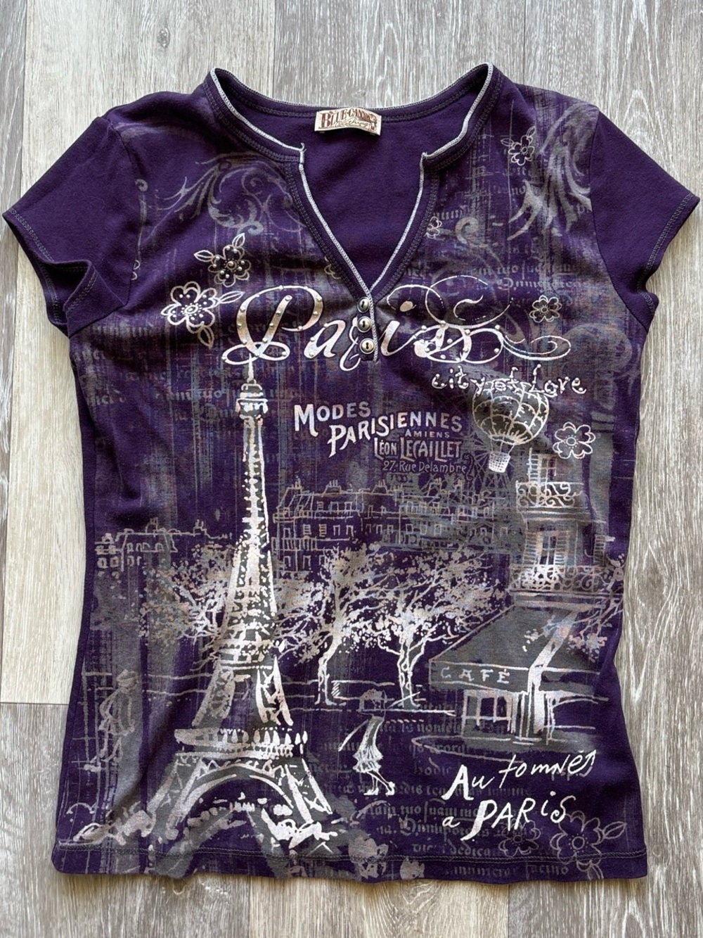 Vintage Y2K Blue Canyon Clothing Purple Paris Rhinestone Eiffel Tower Top Size M
